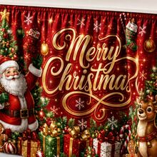 聖誕桌裙 紅金配色 Merry Christmas 聖誕老人馴鹿印花 聚酯纖維桌布，聖誕樹雪花禮物盒薑餅人設計，適合居家晚餐慶祝的節日派對餐桌裝飾 - A - 查看 8