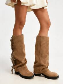 Women's Ruched Slouchy Mid Calf Boots Faux Suede Fringe Cowboy Western Fold Over Boots Chunky Heels Vintage Pleated Pull On Dress Wide Calf Boots - 棕色 - 查看 5