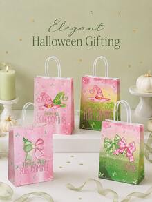 12pcs Reusable Pink & Green Bow Print Tote Gift Lunch Bags, Suitable For Halloween Party, Birthday Party, Holiday Gift Packaging - Multicolor - View 3
