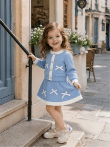Setelan 2 Potong Anak Perempuan, Modis Musim Gugur, Jaket Cardigan Lengan Puff Bertekstur Lucu dengan Kancing Mutiara, Motif Patchwork Biru & Putih, Jaket Depan Terbuka dengan Pita dan Rok, Pakaian Kasual. - Biru - View 6