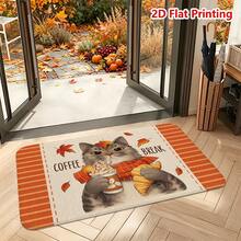 1/2pcs Autumn Door Mat, Autumn Maple Leaf Cat Coffee Theme Flannel Door Mat, Comfortable Soft Absorbent Non-Slip Machine Washable, Multi-Functional Home Entrance Living Room Kitchen Bathroom Hallway Floor Mat, Thanksgiving Holiday Decoration Carpet - Multicolor - View 5
