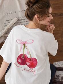 Women's Casual Short Sleeve Round Neck Cherry Print T-Shirt For Summer - 白色 - 查看 2