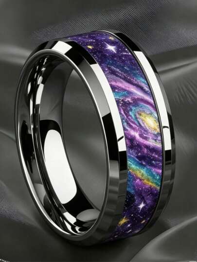 1pc Cyber Cool Starry Sky Style Stainless Steel Inlaid Colorful Galaxy Nebula Decorative Ring For Men, Suitable For Dating, Commuting, Gifting, Party And Daily Wear