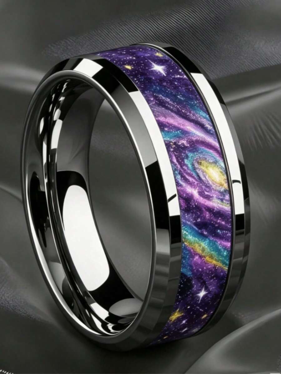 1pc Cyber Cool Starry Sky Style Stainless Steel Inlaid Colorful Galaxy Nebula Decorative Ring For Men, Suitable For Dating, Commuting, Gifting, Party And Daily Wear