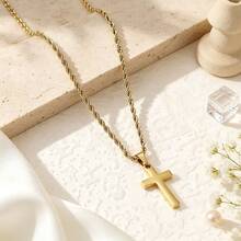 Stainless Steel Men's Premium Champagne Gold Twisted Chain Cross Pendant Necklace, Non-Fading - Twist Chain - View 4