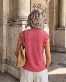 JustMiss 女款針織圓領小飛袖短袖寬鬆直筒休閒針織上衣 春夏季 - 粉色 - 查看 5