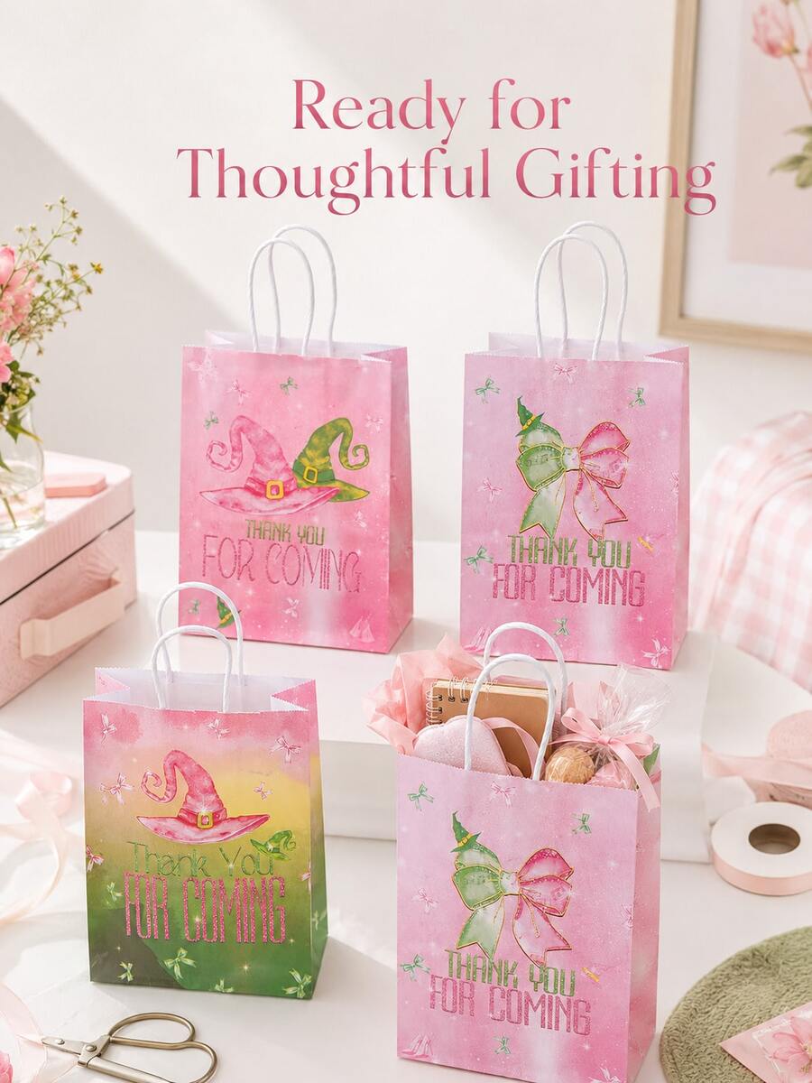 12pcs Reusable Pink & Green Bow Print Tote Gift Lunch Bags, Suitable For Halloween Party, Birthday Party, Holiday Gift Packaging - Multicolor - View 1