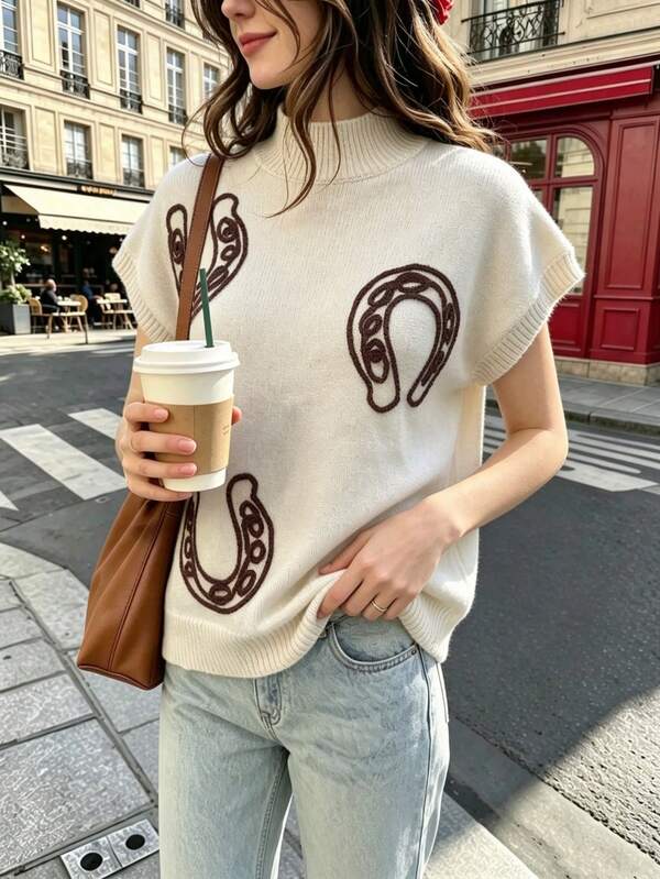 Top de punto casual de manga corta con cuello alto para mujer