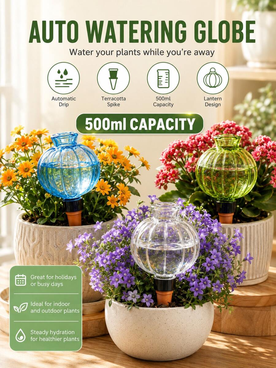 1個 500ml 透明自動澆水球附木製插棒 滴灌灌溉系統，適用於室內外盆栽植物，免操作自動澆水方案，園藝用品