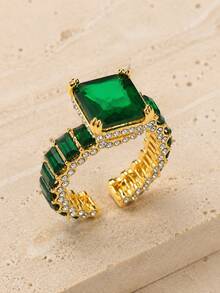 A Luxury Charming Elegant Gold-Colored Open Ring, Suitable For Women As Date Commitment Or Engagement Jewelry - Green - View 6