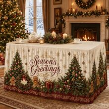 Vintage Christmas Tablecloth, Printed With Christmas Tree, Gingerbread Man, Snowflake, Gift Box, Pine Branch Patterns Holiday Greetings Tablecloth, Luxury Holiday Party Decoration, Suitable For Family Dinner And Holiday Home Decor - A - View 1