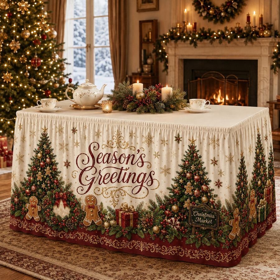 Vintage Christmas Tablecloth, Printed With Christmas Tree, Gingerbread Man, Snowflake, Gift Box, Pine Branch Patterns Holiday Greetings Tablecloth, Luxury Holiday Party Decoration, Suitable For Family Dinner And Holiday Home Decor - A - View 1