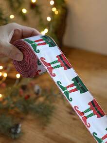 Cute Christmas Wired Edge Ribbon Roll Nutcracker Gingerbread Holly Printed Satin Ribbon For Gift Wrapping DIY Bow Making Wreath Tree Decor Aesthetic Festive Party Craft Supplies - Multicolor - View 4