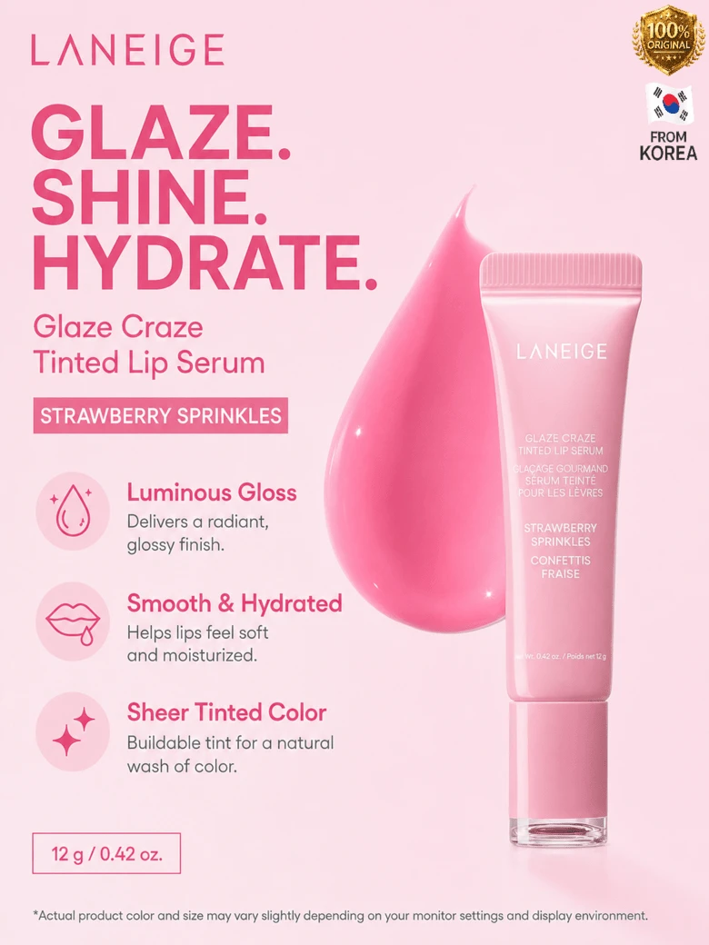 Laneige Glaze Craze Tinted Lip Serum Hydrates And Nourishes Lips For A Glossy Plump With Plum Polypeptides - Strawberry Sprinkles - 草莓糖屑 - 查看 1
