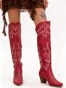 Summer Boots Riding Knee Thick Heels Embroidery Red Cowboy Boots For Women's Country Concert Combat Boots Cowgirl Outfits  Western Chic Festival Shoes - 紅色 - 查看 8