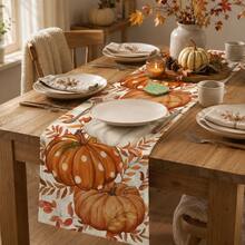 1pc Thanksgiving Orange And White Pumpkin Table Runner, Autumn Pastoral Style, Thanksgiving Home Kitchen Decor, Suitable For Thanksgiving Family Decoration And Party Decoration - Multicolor - View 2