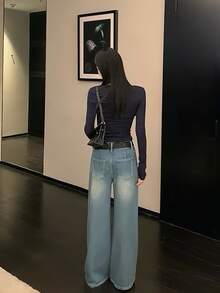Kaos Rajut Lengan Panjang 2-in-1 Wanita, Atasan Lapisan Dasar Slim Fit yang Menawan, Musim Gugur - Navy Blue - View 11