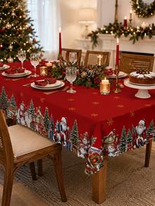 1件紅色「Merry Christmas」印花派對桌布（附聖誕老人與雪人圖案），聚酯纖維材質，適合居家廚房或節日餐桌裝飾桌布 - 彩色 - 查看 9
