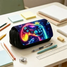 Neon Game Controller Print Large Capacity Pencil Case, Dual Zipper Stationery Bag, Portable Game Theme Pencil Storage Bag, Suitable For Teenagers School Daily Use - B - View 2