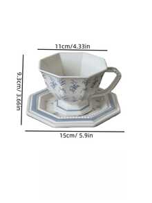 1 Set French Octagonal Lily Of The Valley Floral Cup And Saucer, Vintage Floral Milk Coffee Cup, Snack Dessert Cup And Saucer, Fruit Tableware Plate, Dessert Cup And Saucer, Suitable For Restaurant, Living Room, Cafe, Gift, Party - Blue - View 3