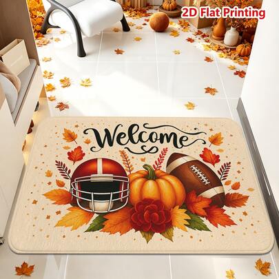1/2pcs Autumn Door Mat, Thanksgiving Theme Door Mat, Flannel Material Soft Absorbent Non-Slip Machine Washable, Multi-Functional Home Entrance Carpet Kitchen Bathroom Entryway Mat, Home Decor With Football Helmet Pumpkin Maple Leaf Floral Pattern, Suitable For Living Room Bedroom Patio Laundry Room Holiday Decoration