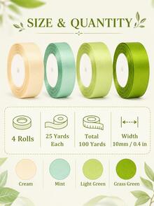 4 Rolls Sage Green Satin Ribbon, 25 Yards Per Roll, Total Length 100 Yards, Width 10mm. Ribbon Features Multiple Green Tones, Made Of Polyester Fiber, Suitable For Eid, Christmas Gift Wrapping, Wedding Decoration, DIY Crafts And More. - Green Series*4 Rolls - View 3
