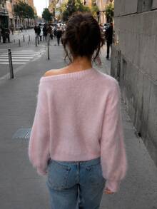 Women's Cozy Pink Off-The-Shoulder Knitted Top With Long Drop Shoulder Sleeves, Regular Length Medium Stretch Sweater For Fall And Winter. - Pink - View 4
