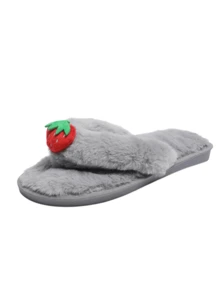 Girl Style 3D Strawberry Plush Flip Flops, Thick Sole Soft Fur Home Slippers For Women, Casual Outdoor Wear Fuzzy Shoes - Grey - View 8