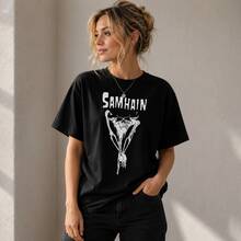 Almacén local, camiseta unisex de 100 % algodón, manga corta, diseño Samhain Scarecrow, cuello redondo, corte relajado - Negro - Ver 6
