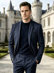 Blazer Pria Bertekstur, Jaket Jas Kasual Formal Kancing Tunggal, Cocok untuk Perjalanan Bisnis, Pesta, Kencan, dan Acara Rekreasi - Biru - View 4