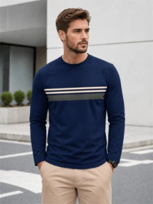 Kaos Lengan Panjang Pria Warna Biru Tua dengan Motif Garis Horizontal Tiga Warna Cokelat Muda & Abu-abu | Potongan Longgar, Nyaman, Kasual, dan Serbaguna - Navy Blue - View 4