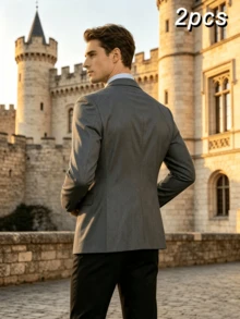 Elegant Men's Luxury 2 Pieces Suit, Grey Slim Fit Single-Breasted Double-Button Notch Lapel Blazer With Black Dress Pants, Sophisticated Business Formal Outfit For Office, Banquet, Wedding And Ceremony - Multicolor - View 3