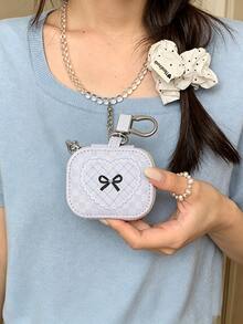 Cute Coquette Heart Bow Print Earbud Case, Mini Keychain Pouch For Wireless Bluetooth Headphones Storage & Daily Decoration - Baby Blue - View 5