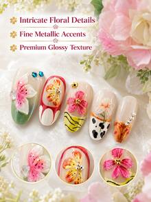 NAIO 10pcs 3D Embossed Multi-Color Tropical Hibiscus Butterfly Shell Rhinestone Cow Print Gradient Jelly Base Glossy Full Coverage Press-On Nails, Tropical Floral Vibrant Summer Beach Vacation Wearable Nails, Almond Shape, Reusable For Travel - Multicolor - View 3