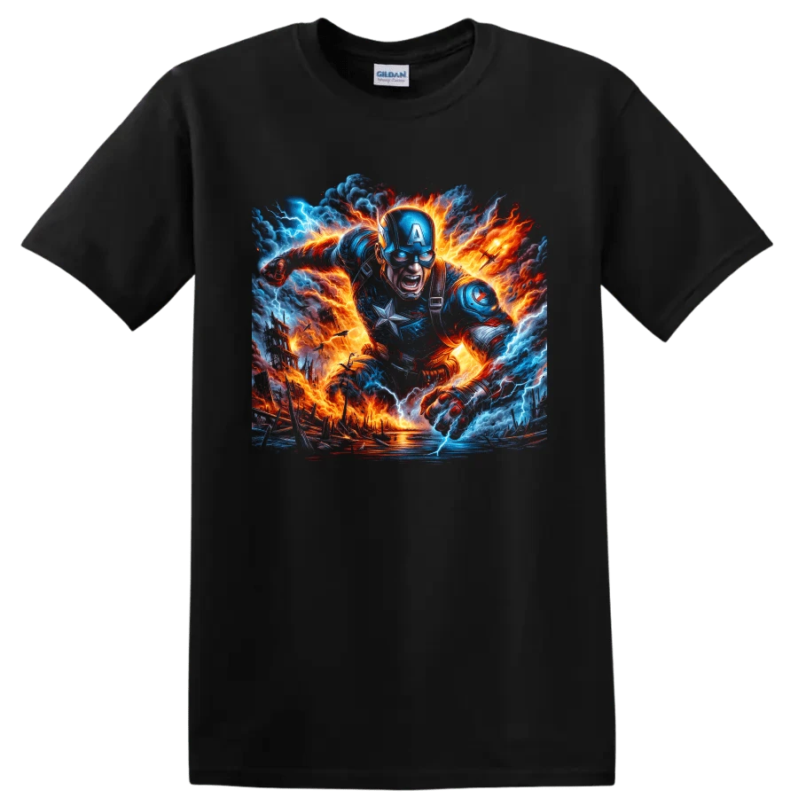 Camiseta de Superhéroe Capitán América con Gráfico de Batalla de Fuego y Rayos - Negro - Ver 1