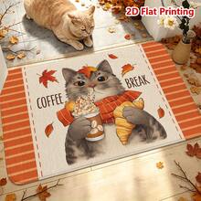 1/2pcs Autumn Door Mat, Autumn Maple Leaf Cat Coffee Theme Flannel Door Mat, Comfortable Soft Absorbent Non-Slip Machine Washable, Multi-Functional Home Entrance Living Room Kitchen Bathroom Hallway Floor Mat, Thanksgiving Holiday Decoration Carpet - Multicolor - View 4