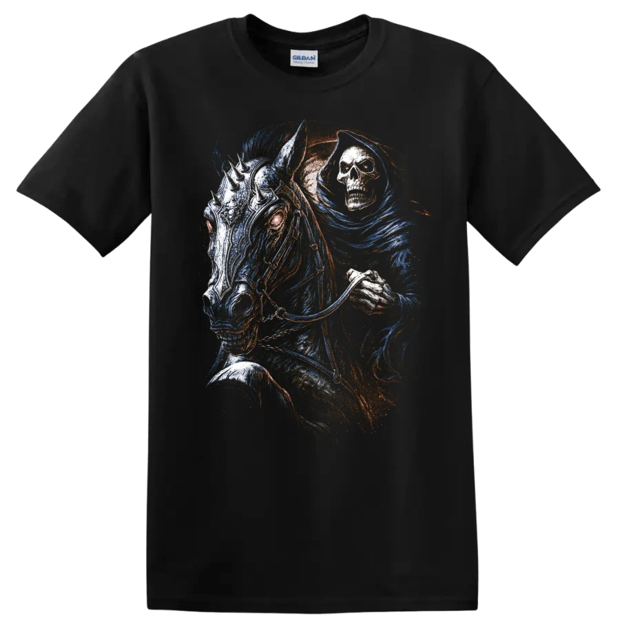 Skull Horse Gothic Fantasy T Shirt W/ Grim Reaper Colorful Illustration Tee - 黑色的 - 查看 1