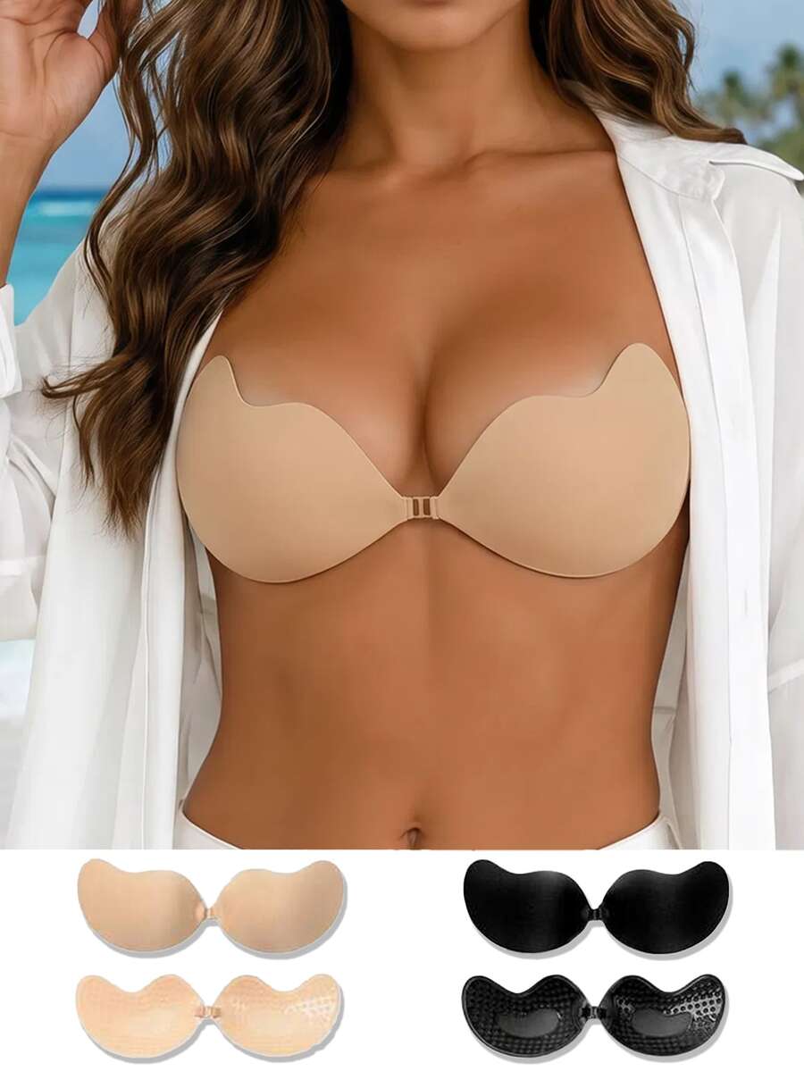 2 Pairs Self-Adhesive Silicone Invisible Bra Cups, Backless Adhesive Invisible Bra Cups, Suitable For Wedding, Cold Shoulder Dress, Bridesmaid Party - Apricot - View 1