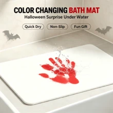 Keset Kamar Mandi Merah yang Berubah Warna Saat Terkena Air, Karpet Dekoratif Bermotif Jejak Kaki dan Telapak Tangan Berwarna-warni yang Menyeramkan - A - View 6
