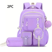 2 Pieces Minimalist Color-Block Heart-Shaped Small Round Bag Decorative Backpack Set, School Commute Youth Backpack Combination - Sets - View 6