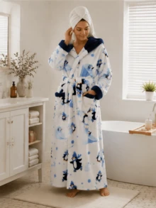 1pc Autumn/Winter Relaxed Multi-Color Animal & Fruit Print Flannel Long Bathrobe With Two Pockets, Tie Waist, Hooded Couple Robe - Multicolor - View 5