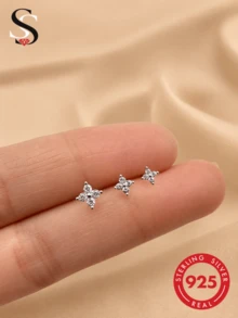 3只装925纯银精致四叶草立方氧化锆耳钉，低过敏性纯银材质，适合女性日常佩戴、约会、度假、婚礼、派对、节日礼物 - 銀色 - 查看 1