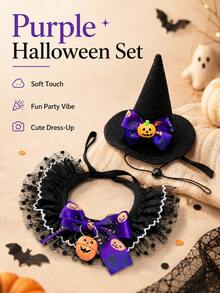 1pc Halloween Pet Costume Accessory Set, Witch Hat And Lace Bib, Holiday Bow Pumpkin Decor Pet Collar, Fashion Lace Neck Accessory, Suitable For Cats And Dogs Holiday Party Dress Up - Multicolor - View 8