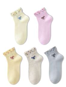 ZUJO 5 Pairs Candy Color Women's Bowknot Ruffle Short Socks, Cute Bowknot Pattern, Breathable And Comfortable, Suitable For All Seasons, Random Color Delivery - Multicolor - View 5