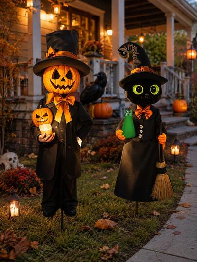 2pcs Extra Large Halloween Garden Flags, Pumpkin Man And Black Witch Yard Decor, Large Outdoor Halloween Lawn Flags, Suitable For Lawn, Garden, Porch, Pathway, Front Yard And Halloween Party Decoration