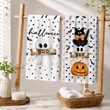 萬聖節廚房手巾 (2件裝)，印有俏皮黑貓、南瓜和幽靈圖案及「Boo!」文字，聚酯纖維材質；適用於客用手巾、浴室毛巾或臉巾 - 彩色 - 查看 10