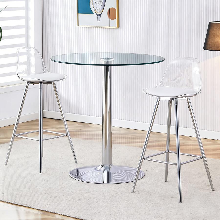 Modern Bar Set - Round Glass Table With 89cm Diameter + 2 Silver Bar Stools - Silver and Transparent - View 1