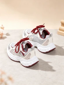 1 Pair Grey Mesh Breathable Chunky Sneakers Campus Sneakers Red Colorblock Patchwork Fabric Front Lace-Up Hook And Loop Casual Sports Shoes Spring Summer Autumn New 2026 - Red - View 7