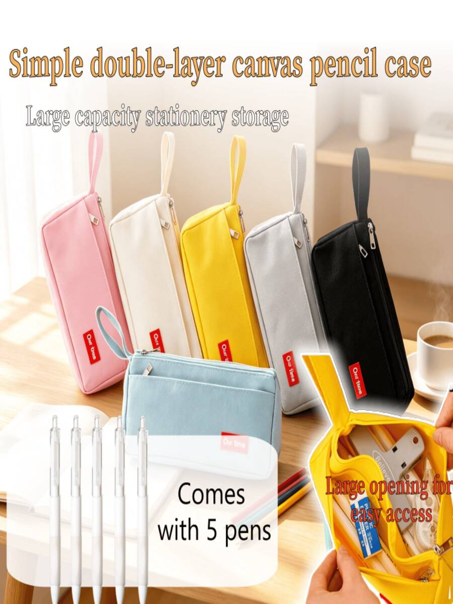 6pcs Minimalist Double Layer Canvas Pencil Case Large Capacity Student Stationery Set - Sets - View 1