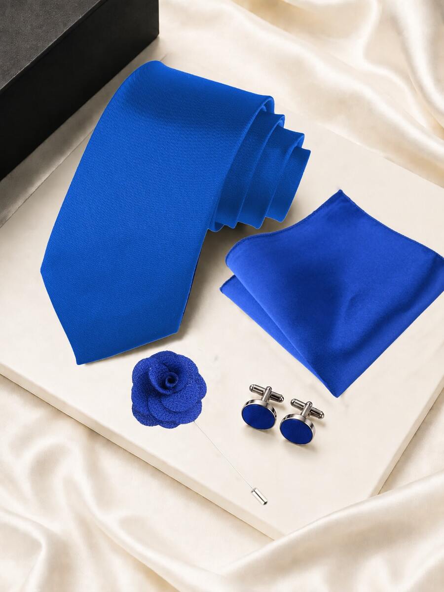 1SET (5pcs) Solid Color Tie, Pocket Square, Lapel Pin, Cufflinks Set, Solid Color Hand-Tied Tie, Handkerchief, Brooch, Cufflinks Combination - Royal Blue - View 1